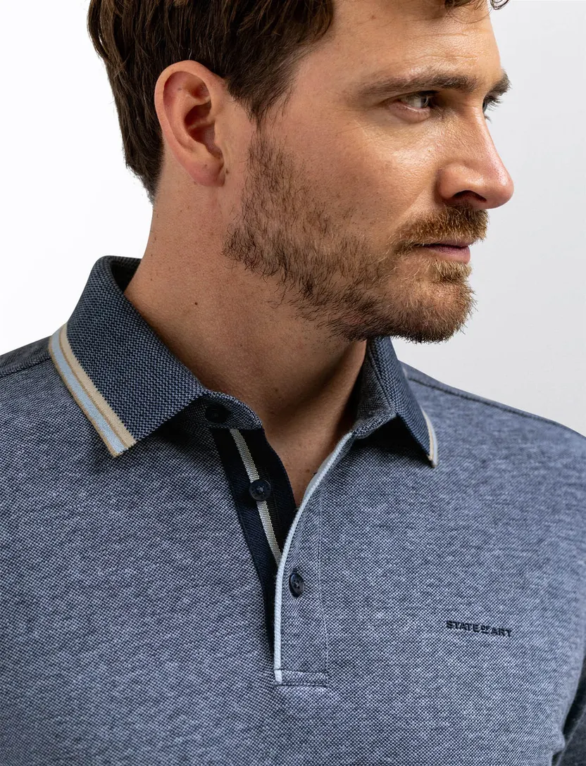 State of Art polo blauw gemeleerd 3 knopen linnen
