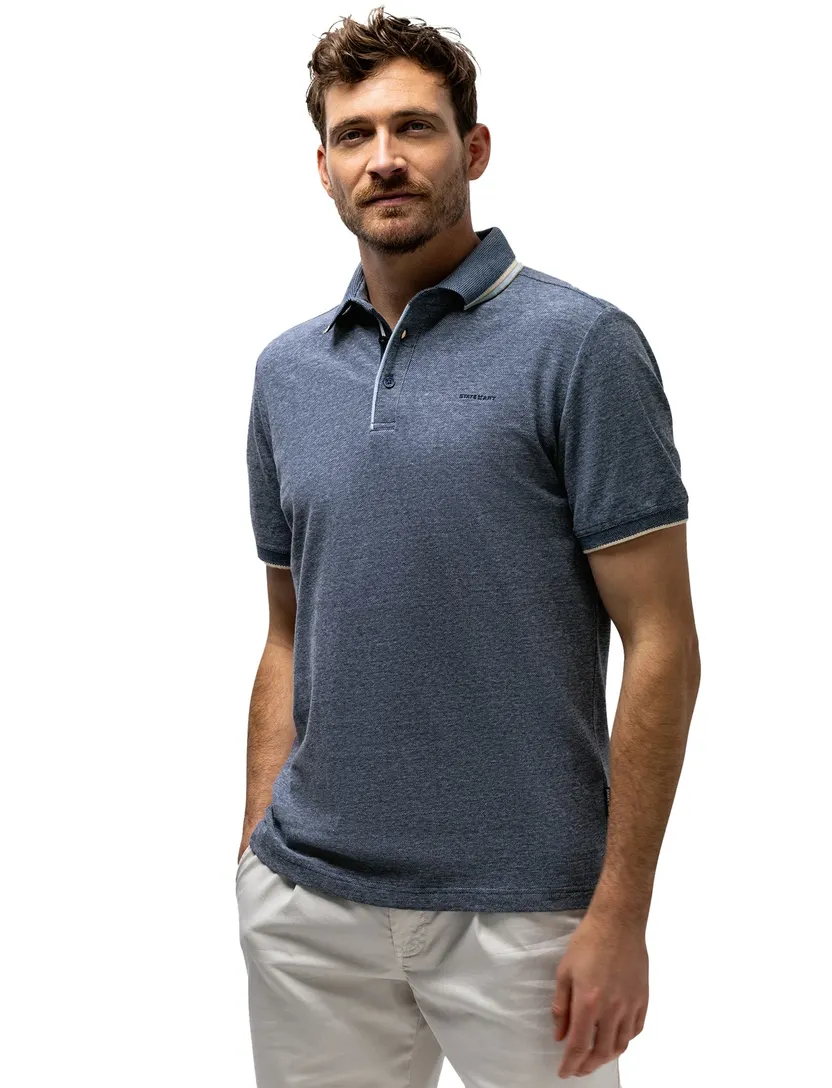 State of Art polo blauw gemeleerd 3 knopen linnen