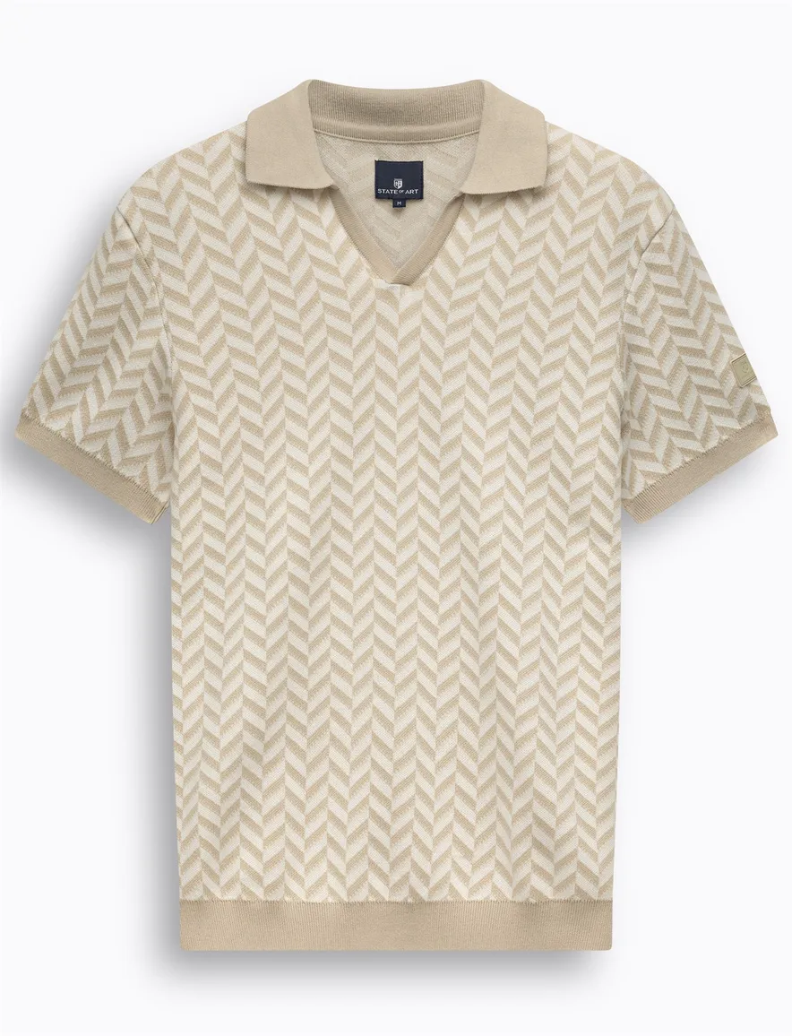 Geprinte v-hals polo State of Art beige regular fit