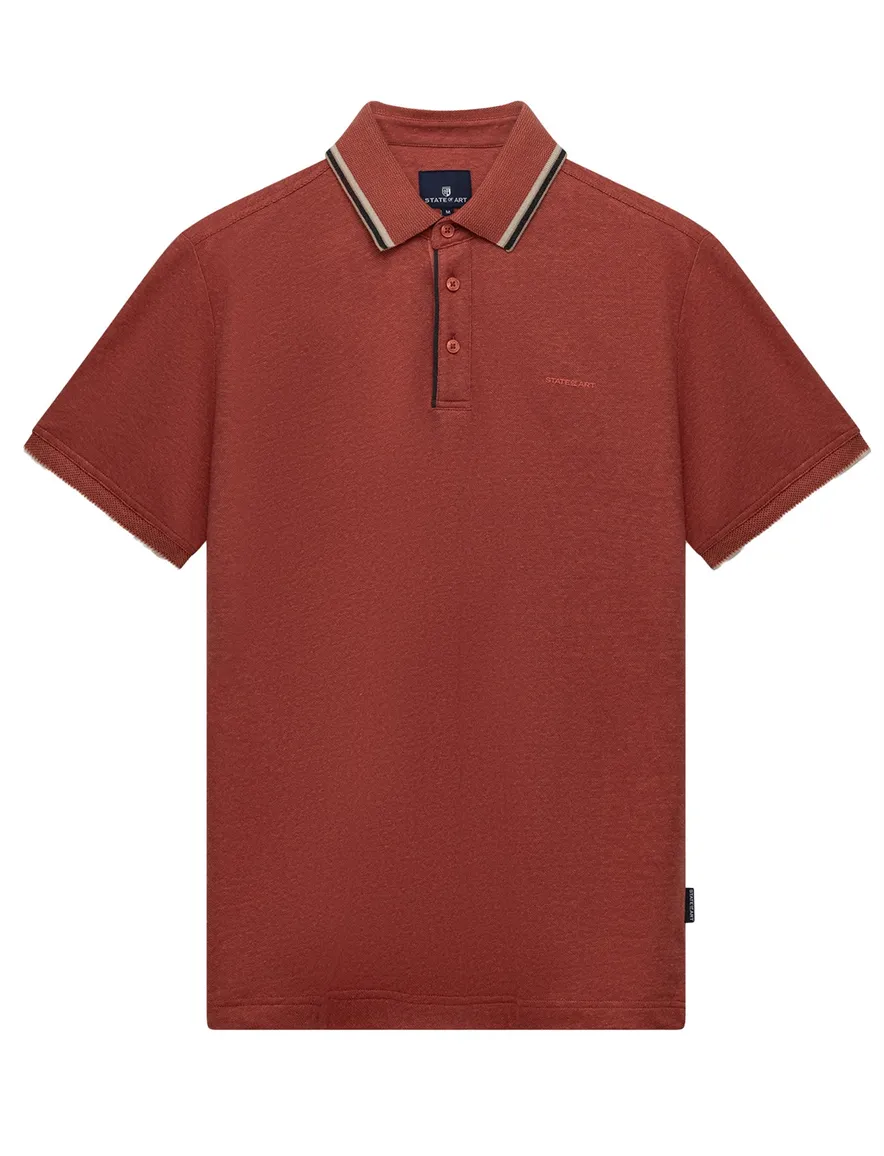 State of Art Regular Fit polo rood gemêleerd casual 3 knoops linnen