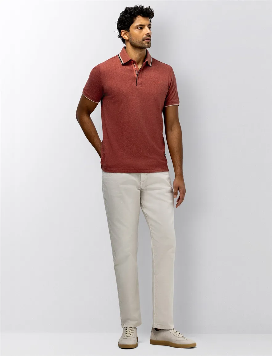 State of Art Regular Fit polo rood gemêleerd casual 3 knoops linnen