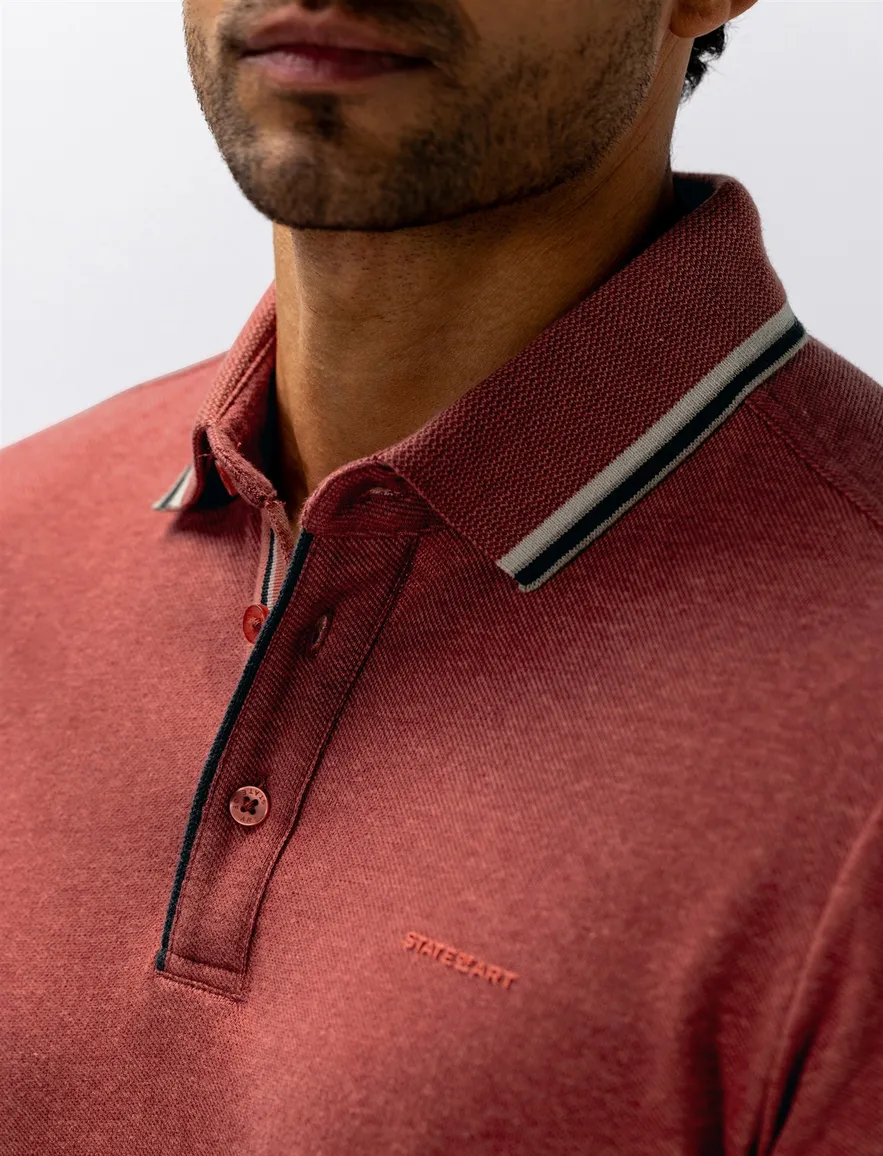 State of Art Regular Fit polo rood gemêleerd casual 3 knoops linnen