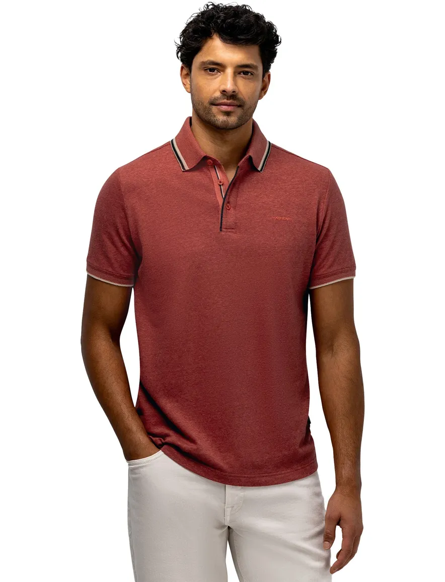 State of Art Regular Fit polo rood gemêleerd casual 3 knoops linnen