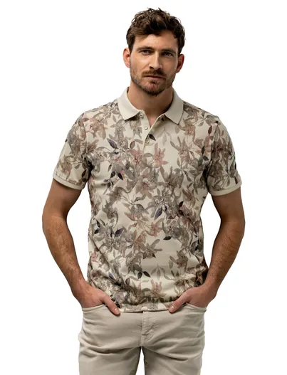 State of Art Beige geprinte State of Art polo 3 knoops