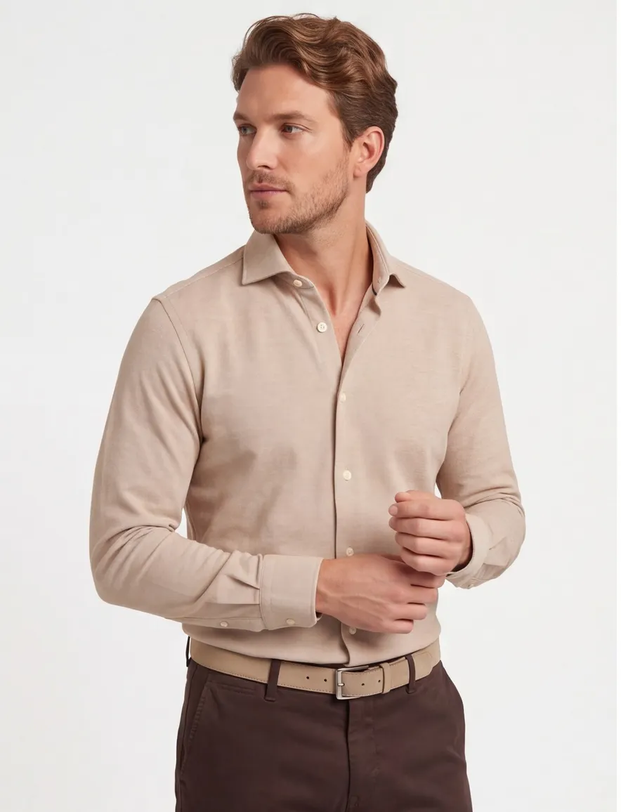 Overhemd Desoto jersey beige katoen strijkvrij