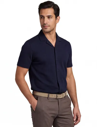 Pierre Cardin Pierre Cardin Atelier overhemd korte mouw reverskraag structuur navy