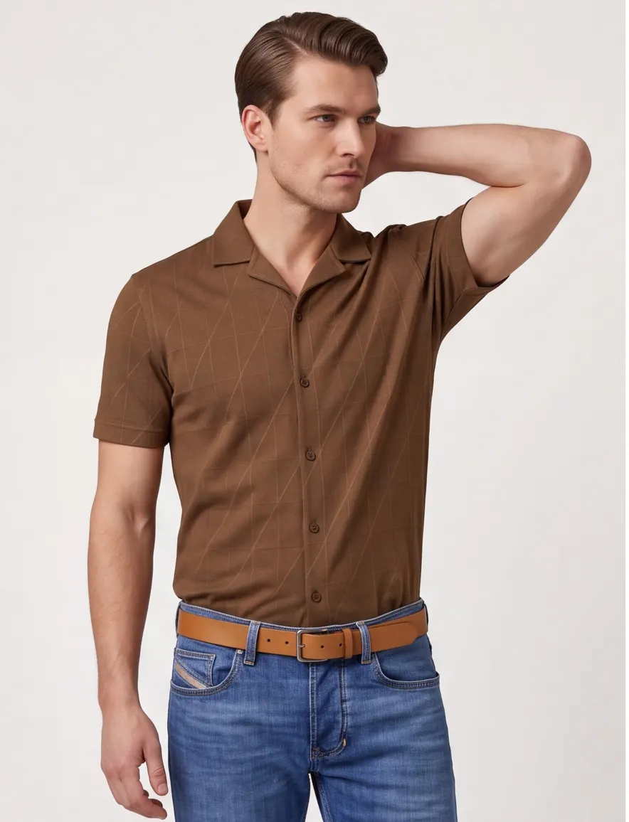 Pierre Cardin Atelier overhemd korte mouw reverskraag knopen bruin