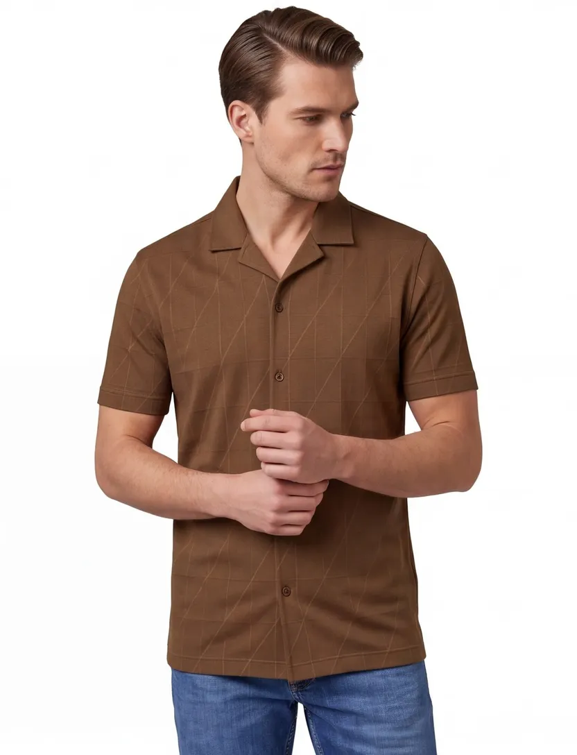 Bruin overhemd Pierre Cardin Atelier korte mouwen structuur