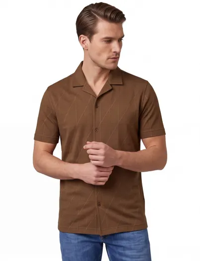 Pierre Cardin Pierre Cardin Atelier overhemd korte mouw reverskraag knopen bruin