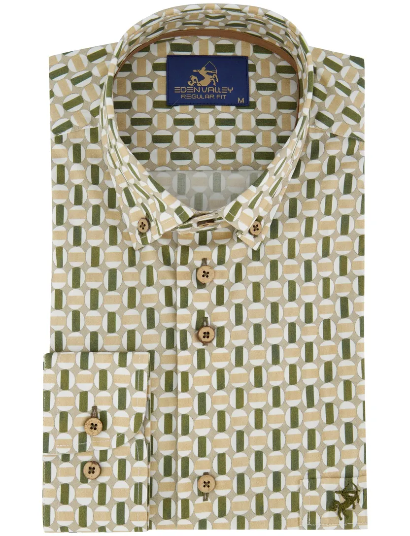beige regular fit overhemd Eden Valley borstzak katoen geprint