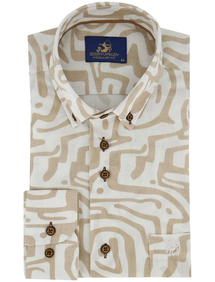 beige regular fit overhemd Eden Valley borstzak linnen geprint