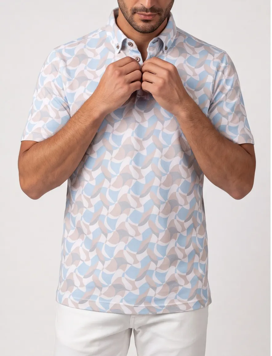 Lichtblauwe polo Eden Valley geprint beige normale fit