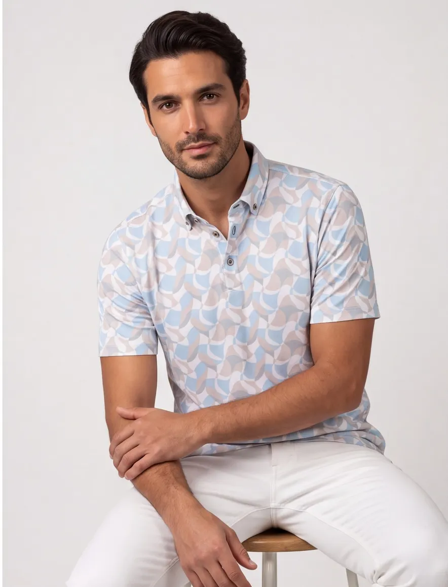 Lichtblauwe polo Eden Valley geprint beige normale fit