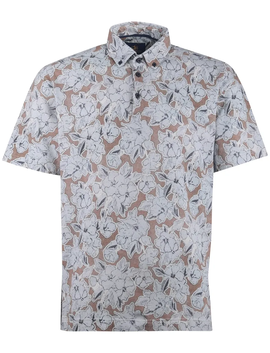 Lichtblauwe polo Eden Valley geprint bloemen 3 knoops