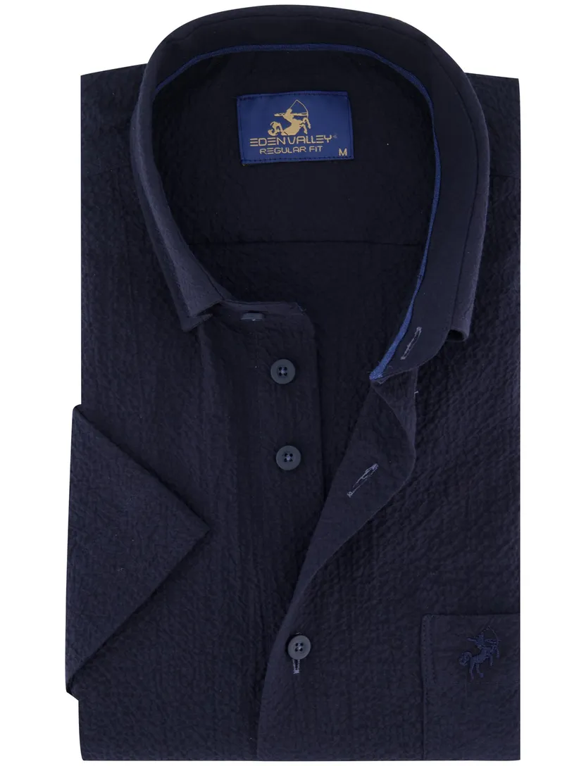 navy regular fit overhemd Eden Valley borstzak katoen textuur km