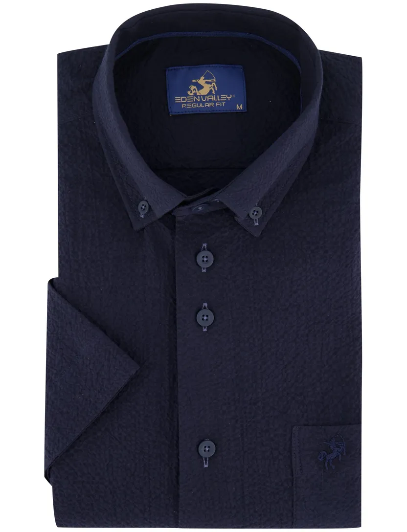 navy regular fit overhemd Eden Valley borstzak katoen textuur km