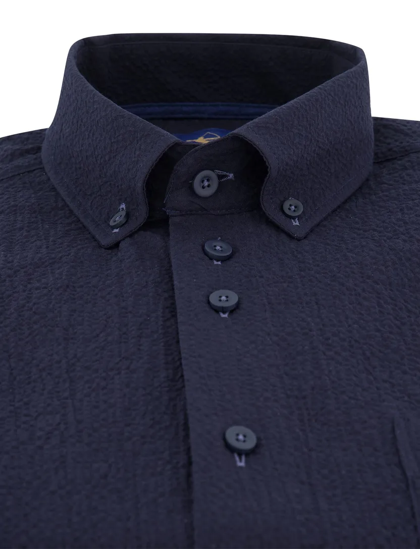 navy regular fit overhemd Eden Valley borstzak katoen textuur km