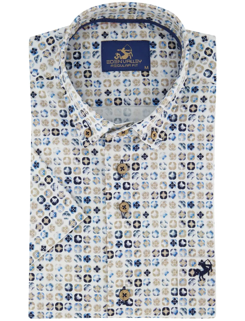 Overhemd korte mouw Eden valley blauw printje met borstzak