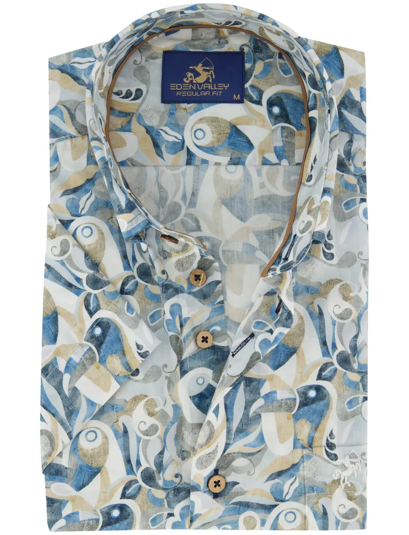 blauwe regular fit overhemd Eden Valley borstzak katoen geprint