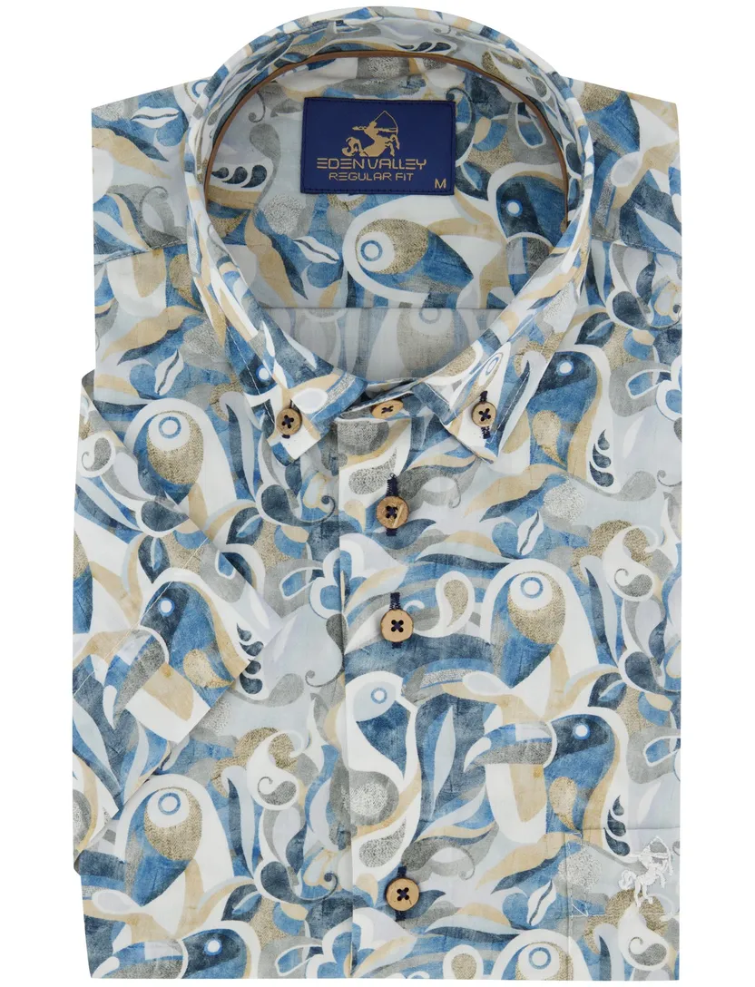 blauwe regular fit overhemd Eden Valley borstzak katoen geprint