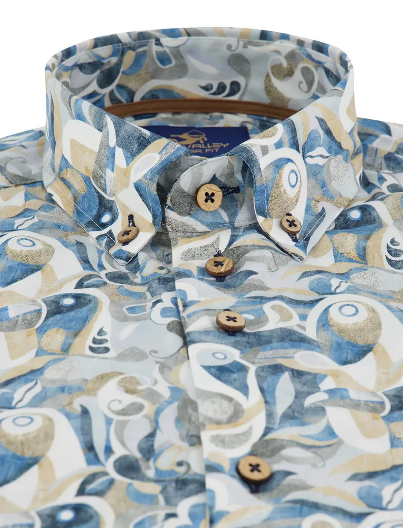 blauwe regular fit overhemd Eden Valley borstzak katoen geprint