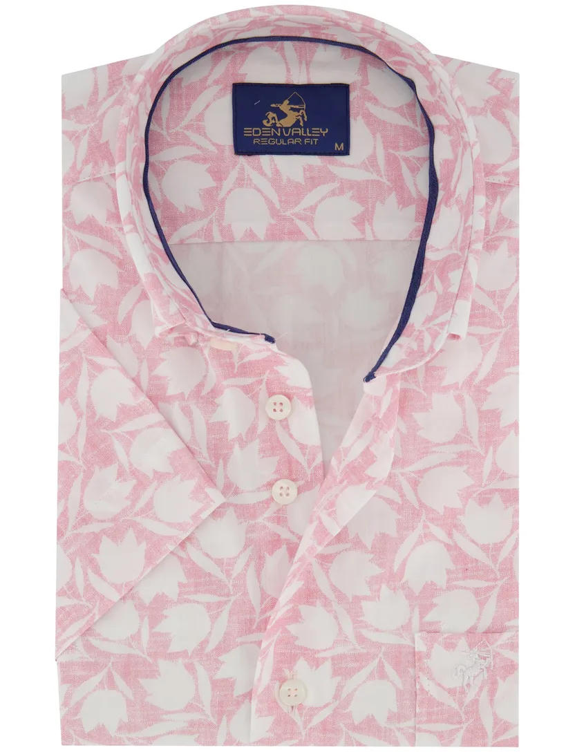 Overhemd geprint roze eden vally korte mouw met borstzak