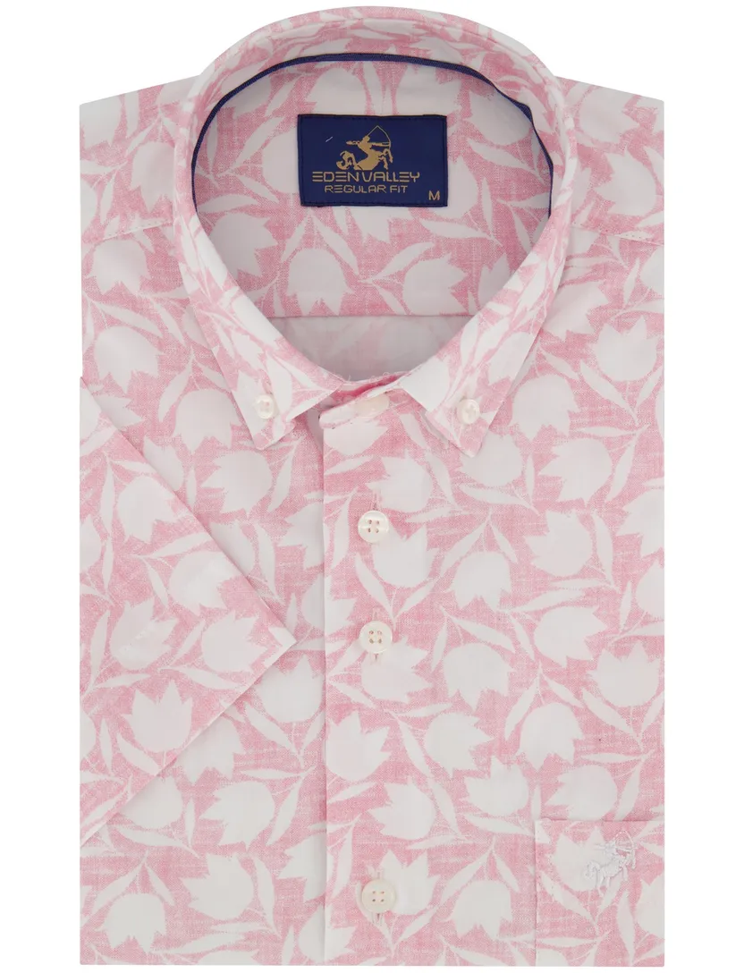 Overhemd geprint roze eden vally korte mouw met borstzak