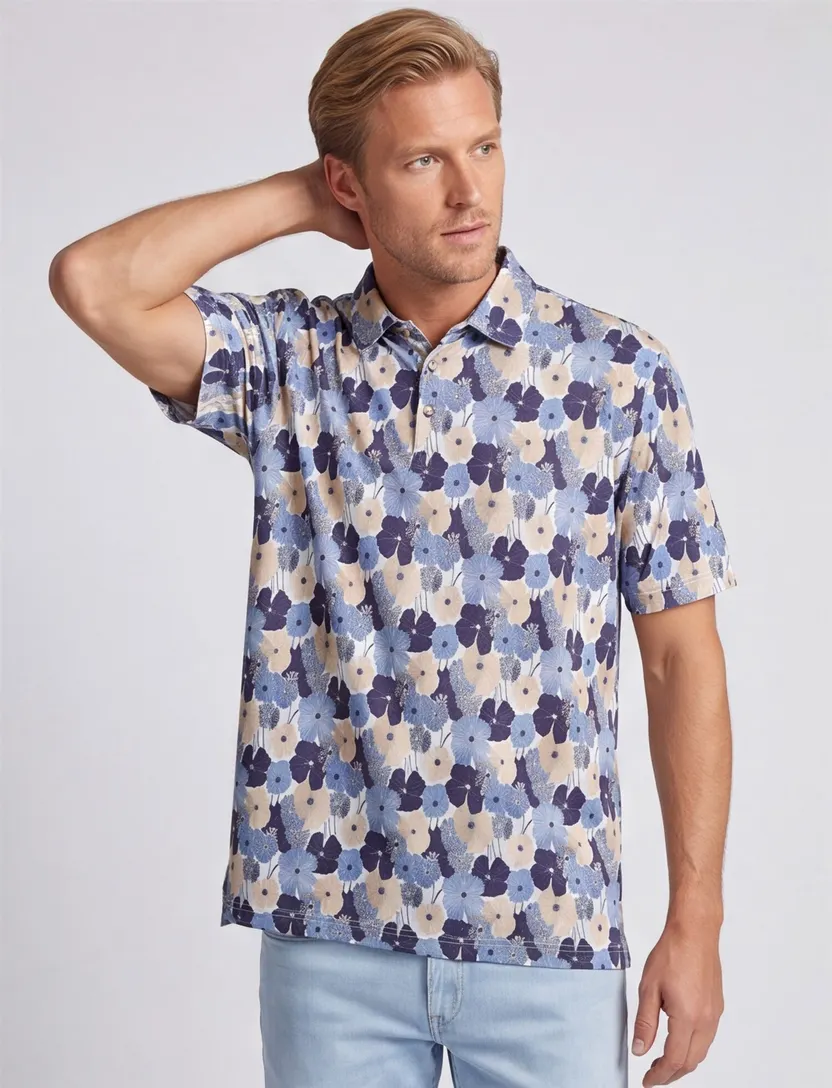 Poloshirt Eden Valley blauw bloemenprint v-hals