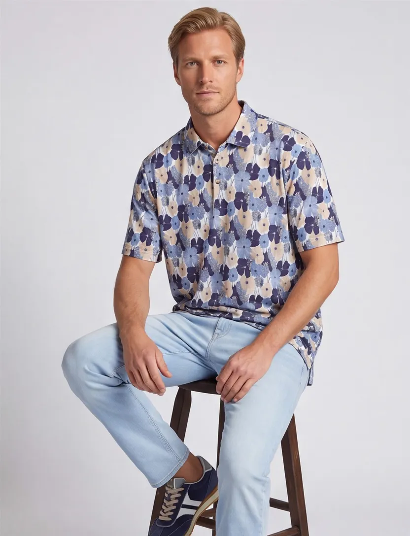 Poloshirt Eden Valley blauw bloemenprint v-hals