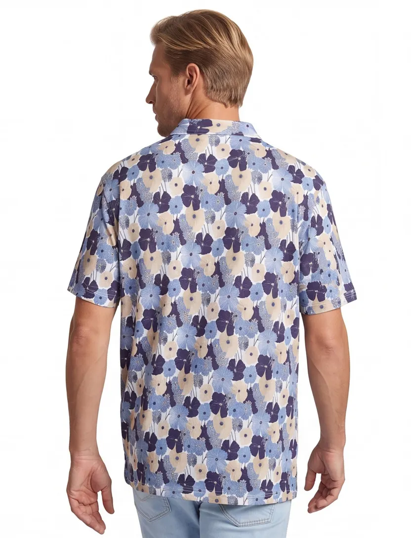 Poloshirt Eden Valley blauw bloemenprint v-hals