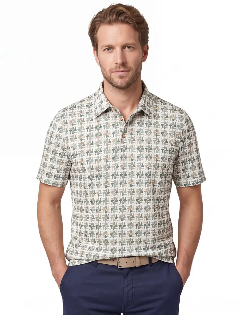 Poloshirt Eden Valley groen printje normale fit 3 knoops