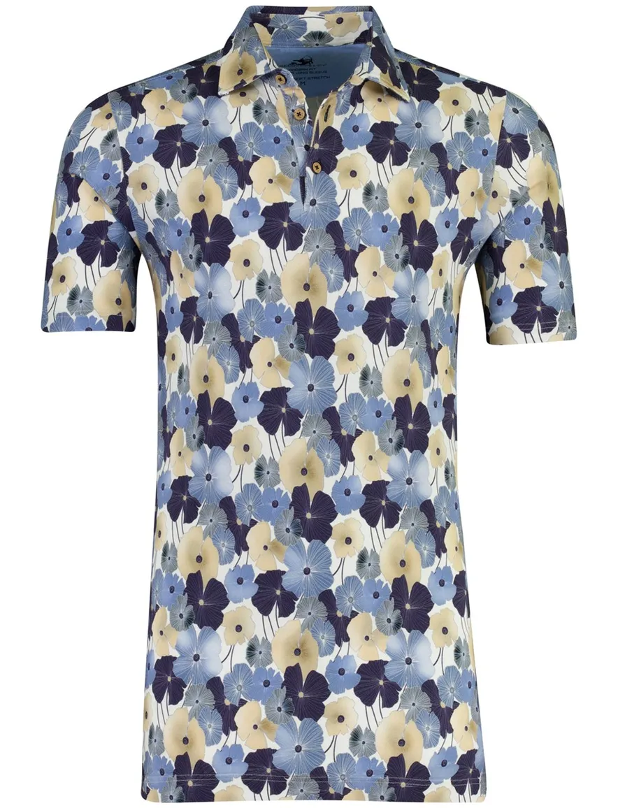 Blauw poloshirt Eden Valley bloem normale fit
