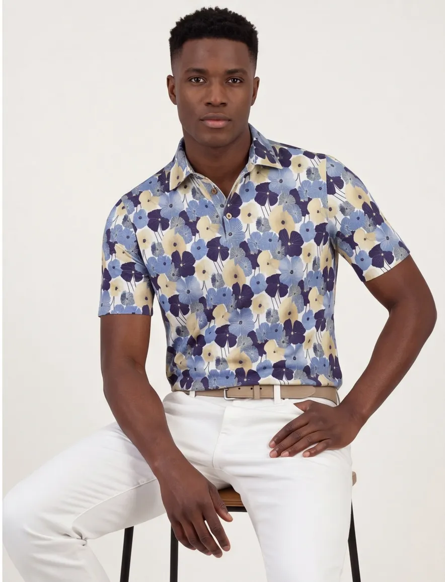 Poloshirt Eden Valley blauw met bloem