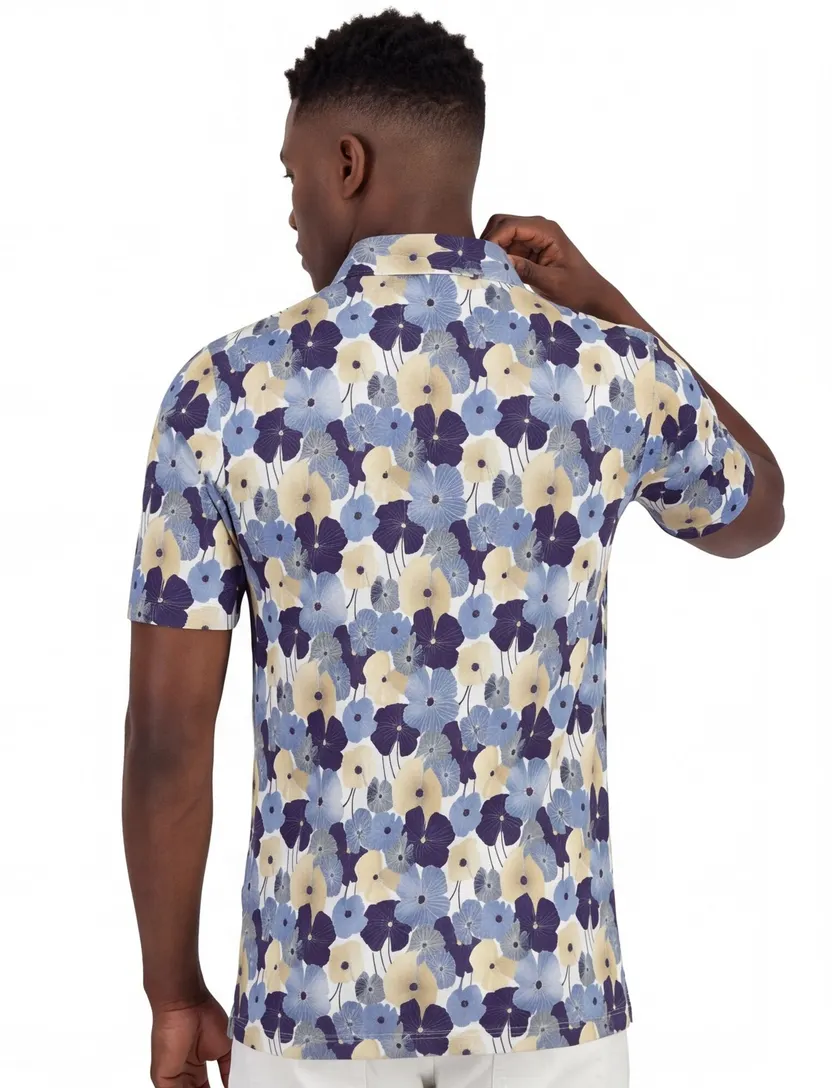 Poloshirt blauw bloem Eden Valley katoen stretch