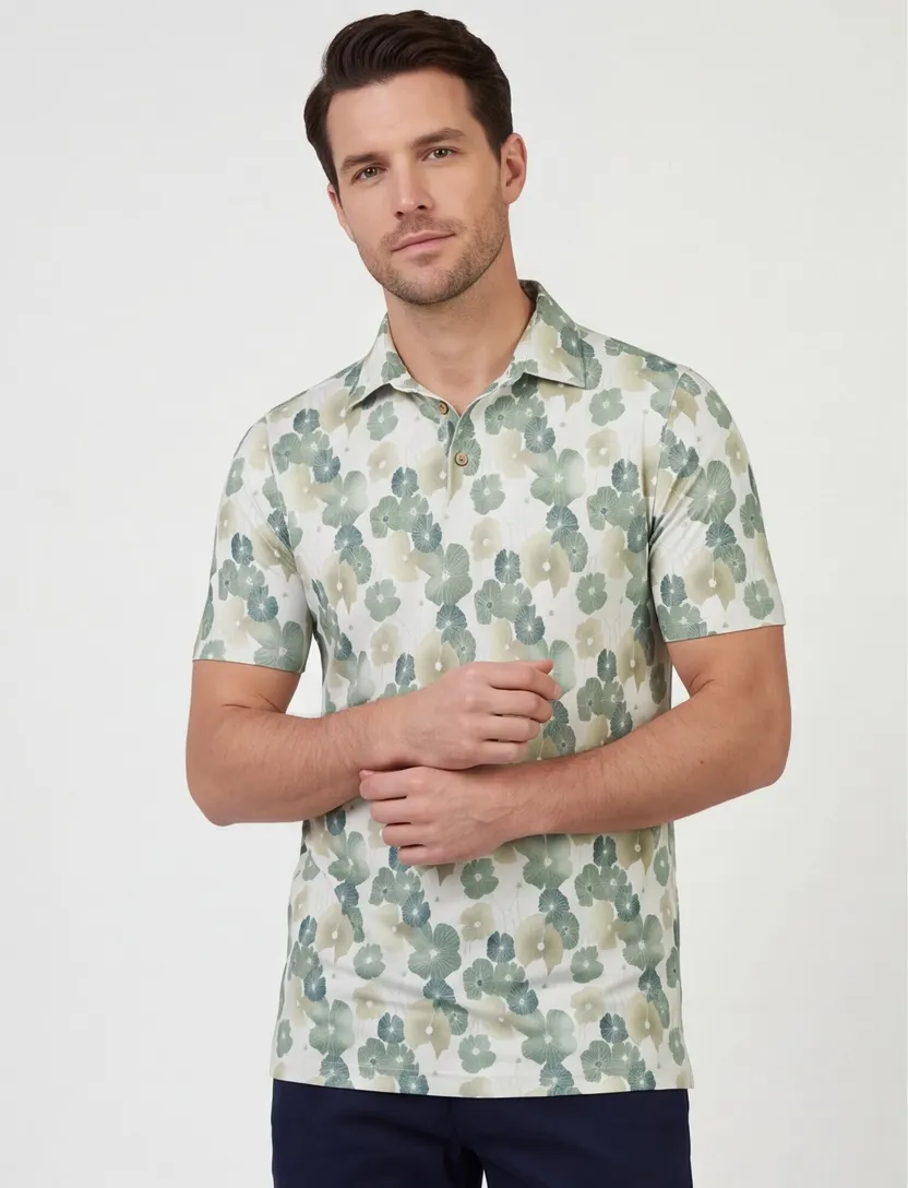 Poloshirt bloemenprint wit Eden Valley stretch