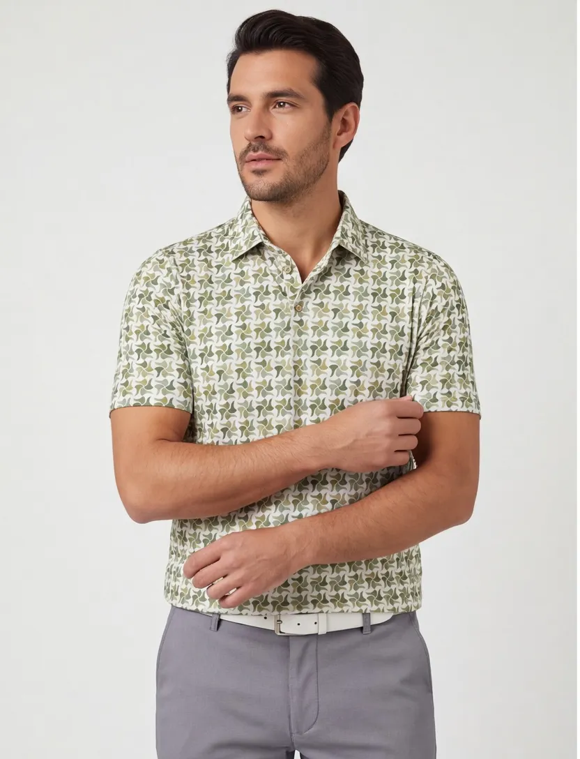 Poloshirt Eden Valley wit met groen bruin patroon