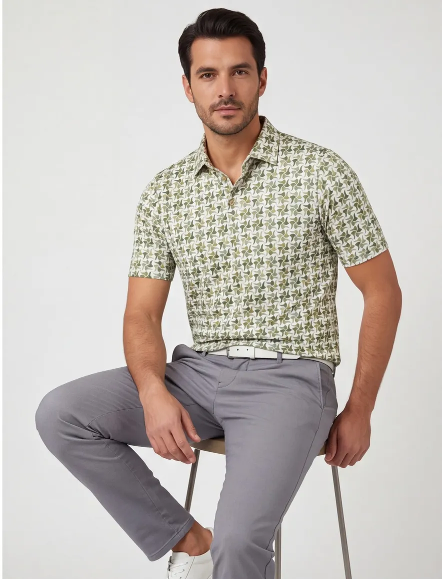 Poloshirt Eden Valley wit groen bruin patroon