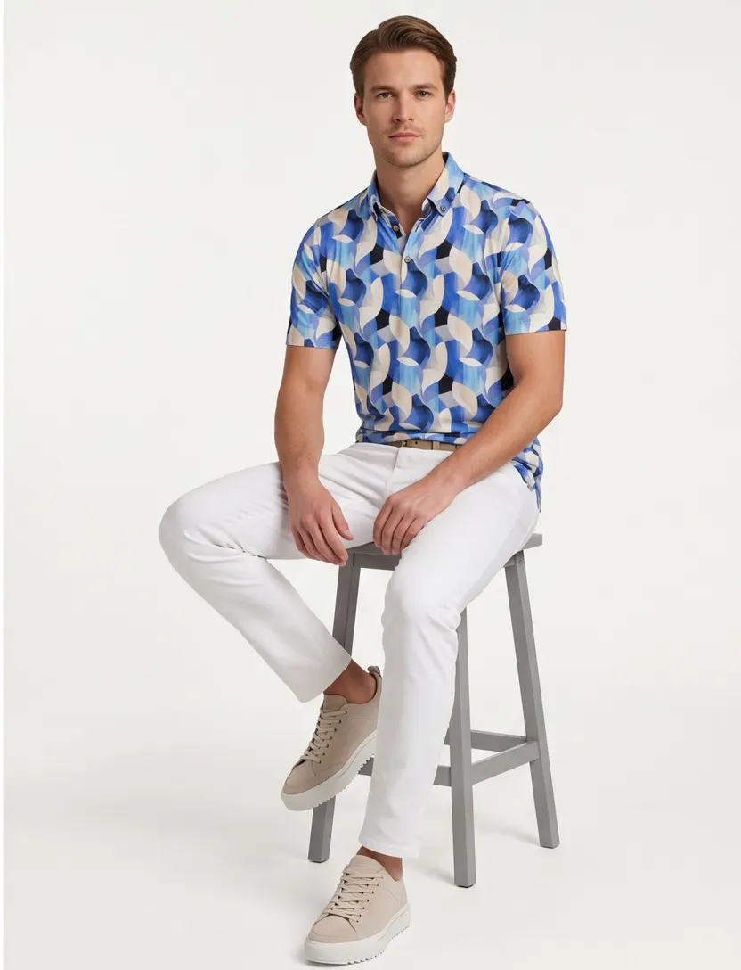Poloshirt blauw patroon Eden Valley katoen
