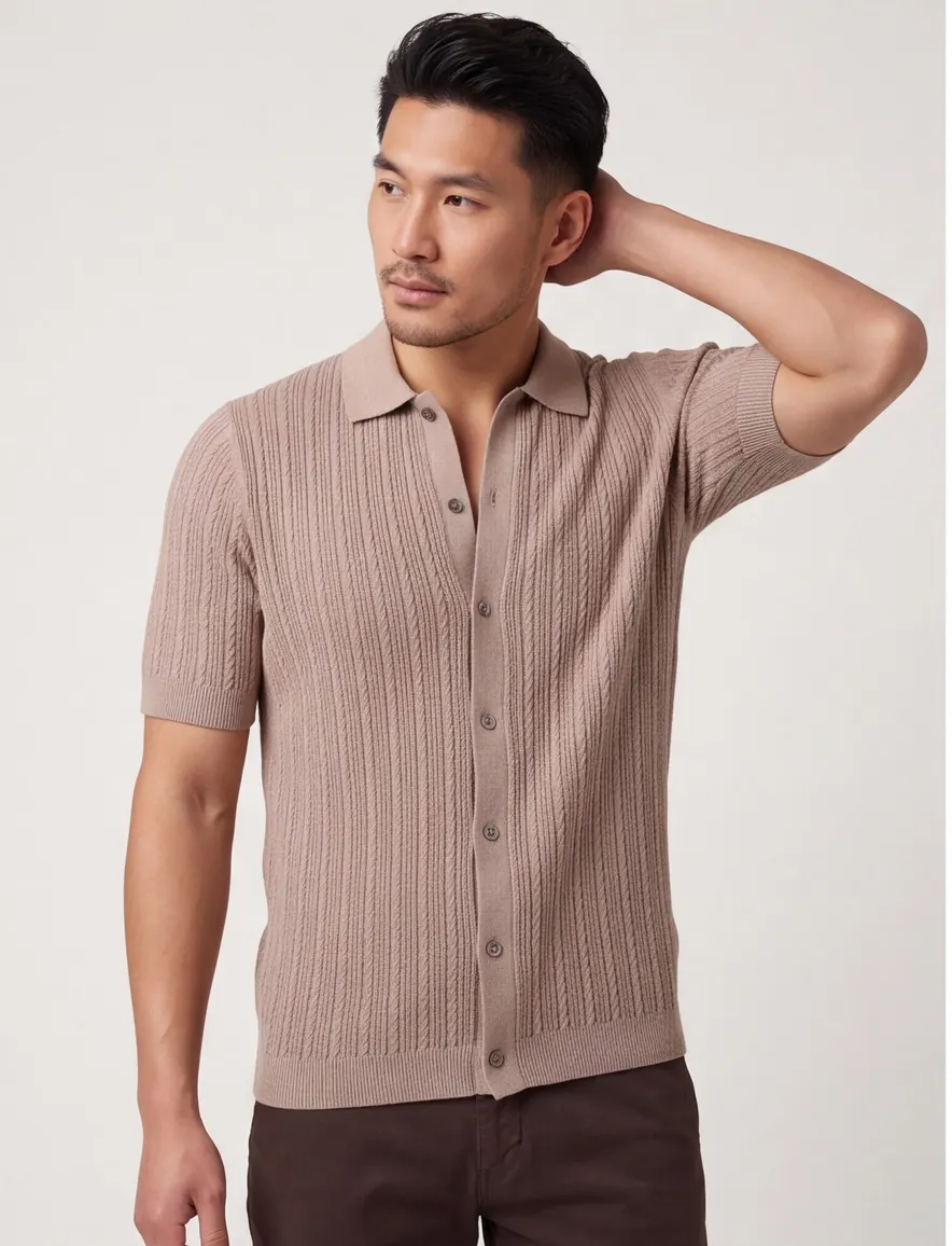 Doorknoop poloshirt Mos Mosh beige structuur korte mouw