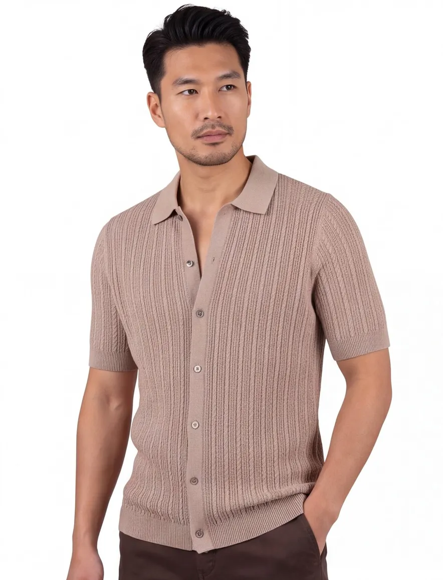 Doorknoop poloshirt Mos Mosh beige structuur korte mouw