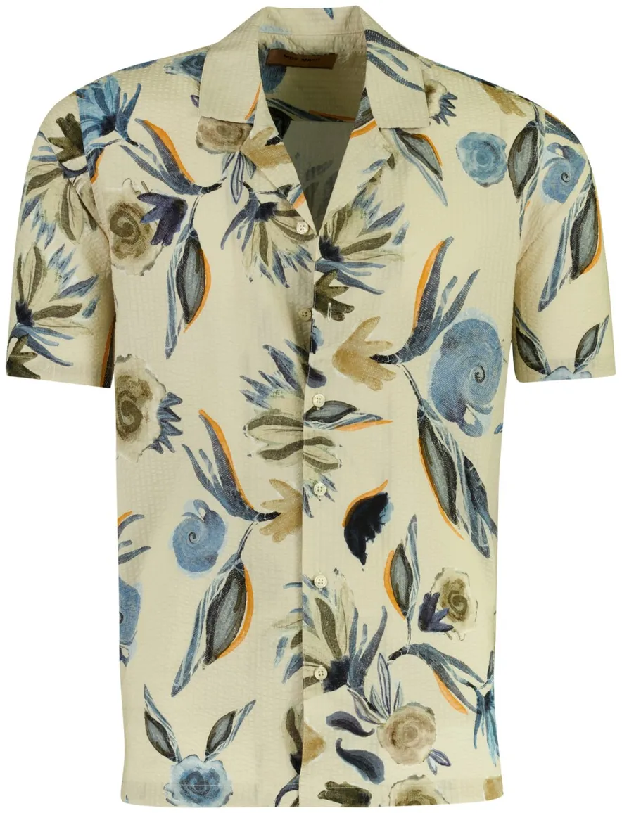 Beige seersucker bloem overhemd Mos Mosh wijde fit