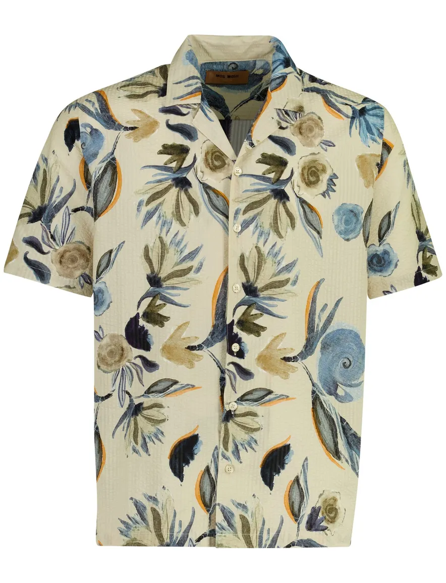 Beige seersucker bloem overhemd Mos Mosh wijde fit