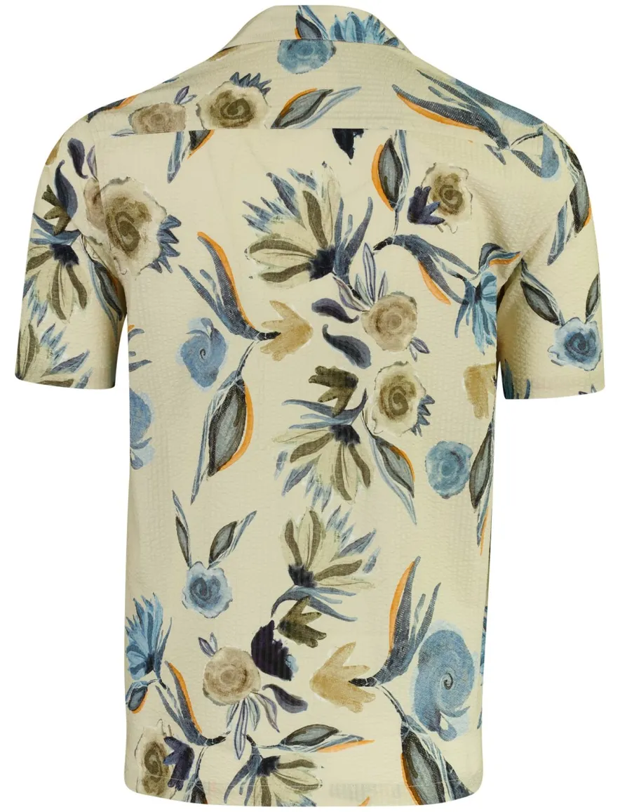 Beige seersucker bloem overhemd Mos Mosh wijde fit