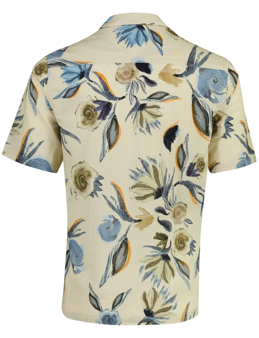 Beige seersucker bloem overhemd Mos Mosh wijde fit