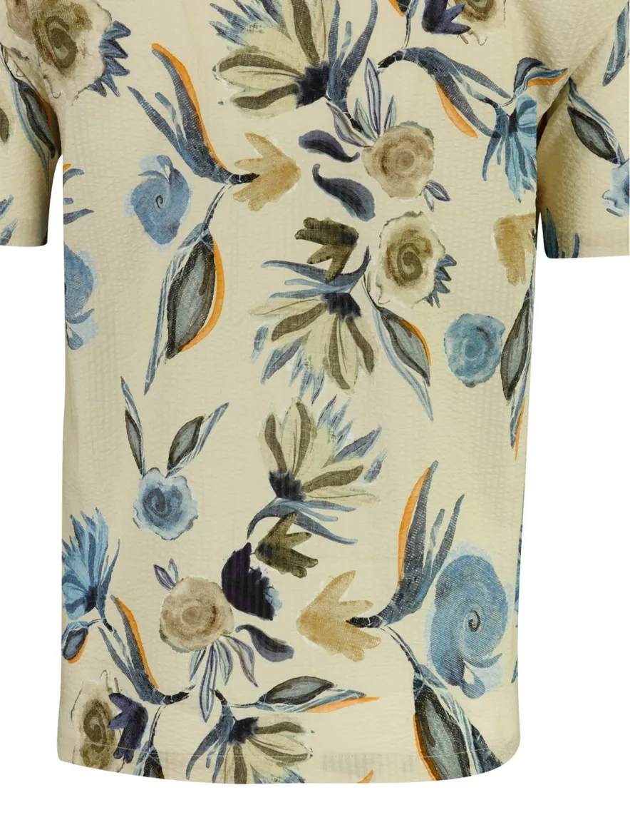 Beige seersucker bloem overhemd Mos Mosh wijde fit