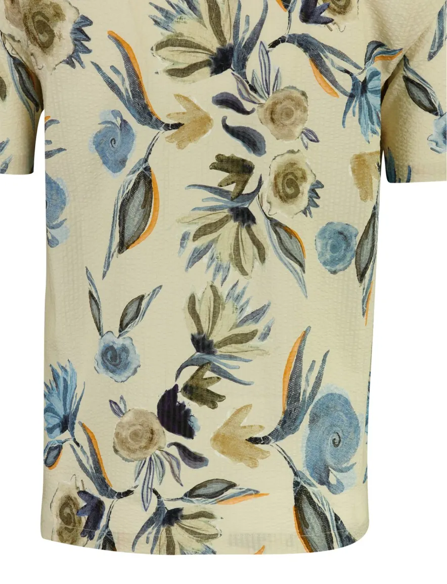 Beige seersucker bloem overhemd Mos Mosh wijde fit