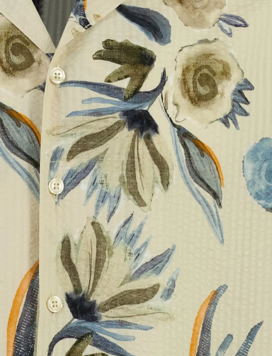 Beige seersucker bloem overhemd Mos Mosh wijde fit