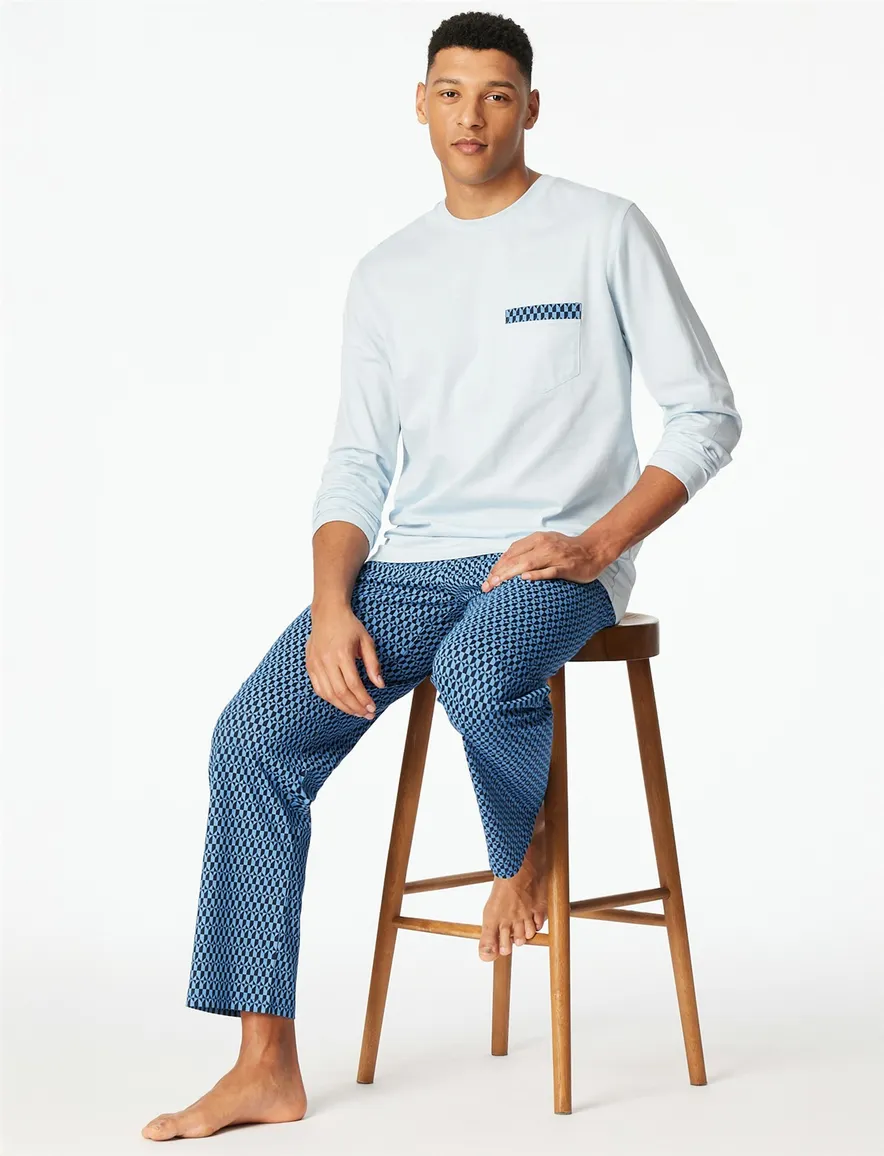 Schiesser lange pyjama blauw katoen