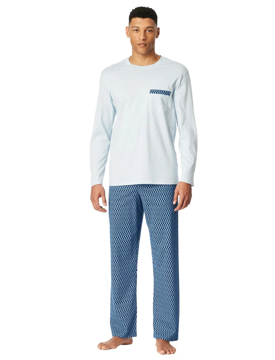 Schiesser lange pyjama blauw katoen