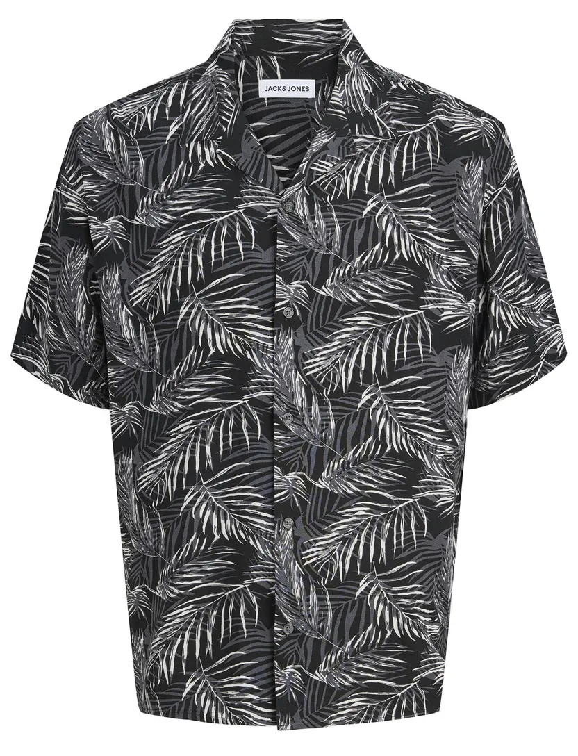 Zwart overhemd Jack & Jones korte mouw big& tall print bladeren